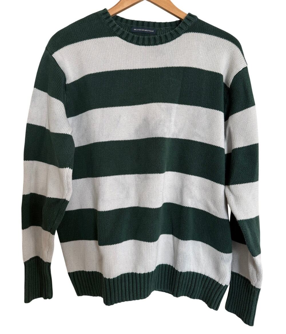 Brandy Melville Green Stripe Knit Oversize Crew Neck Sweater Small Cozy Casual